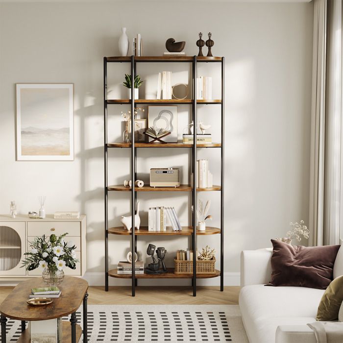 Koioplie Bibliothèque industrielle 6 niveaux 180 cm étagère ovale vintage en métal rangement ouvert pour bureau salon chambre