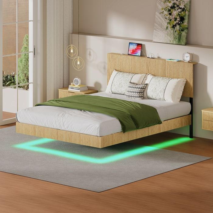 Cadre de lit Flottant 180 x 200 cm-la tête de lit avec des lumières LED et d’un cadre de lit en fer renforcé-chêne clair