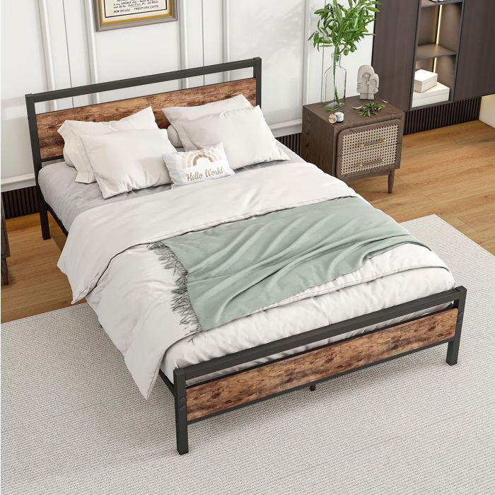 ROVRYN Cadre de lit 140 x 200 cm métal et MDF marron antique sommier à lattes rangement 27 cm