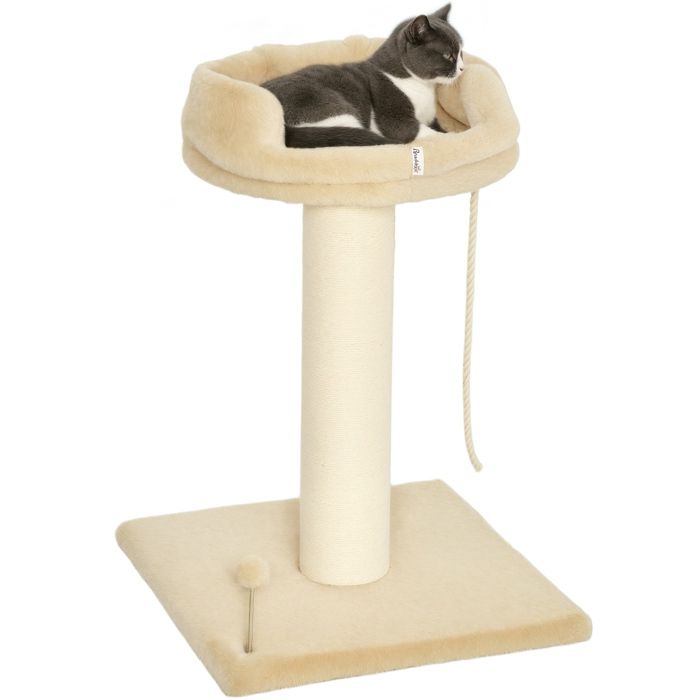 Arbre à chat 83 cm avec griffoirs poteaux en sisal plateformes couchage et jouet en bois et peluche beige