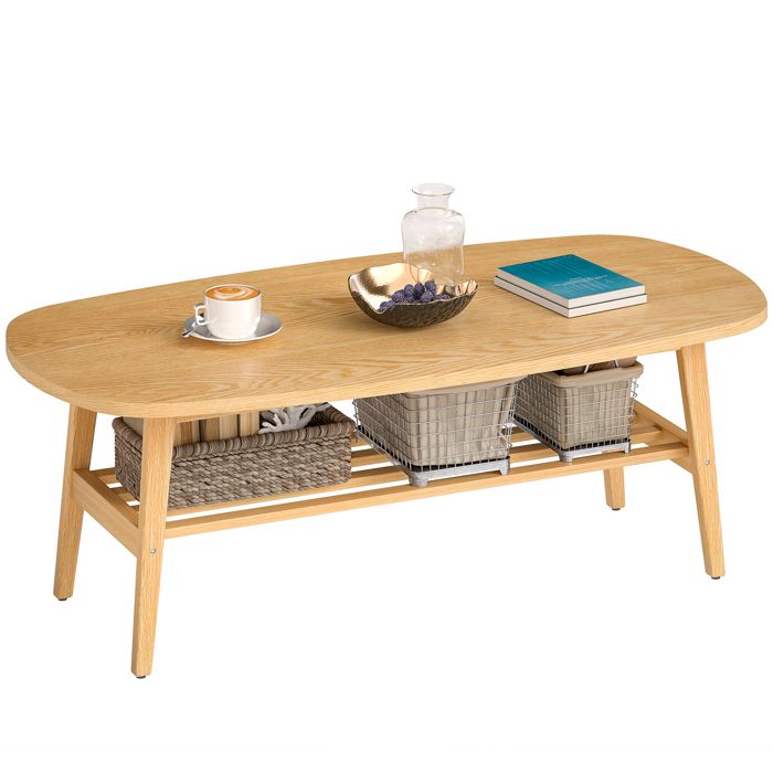 Table Basse à 2 Niveaux Plateau Ovale Bois Naturel et Pieds en Hévéa Salon