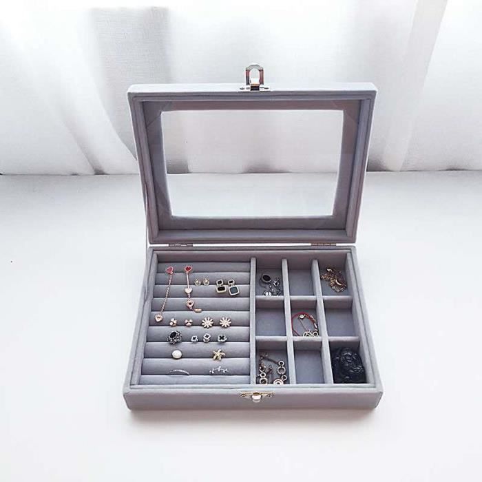 Plateau Rangement Bijoux 35 Compartiments Velours - Avec Couvercle Verre Pour Bagues Et Boucles D'Oreilles