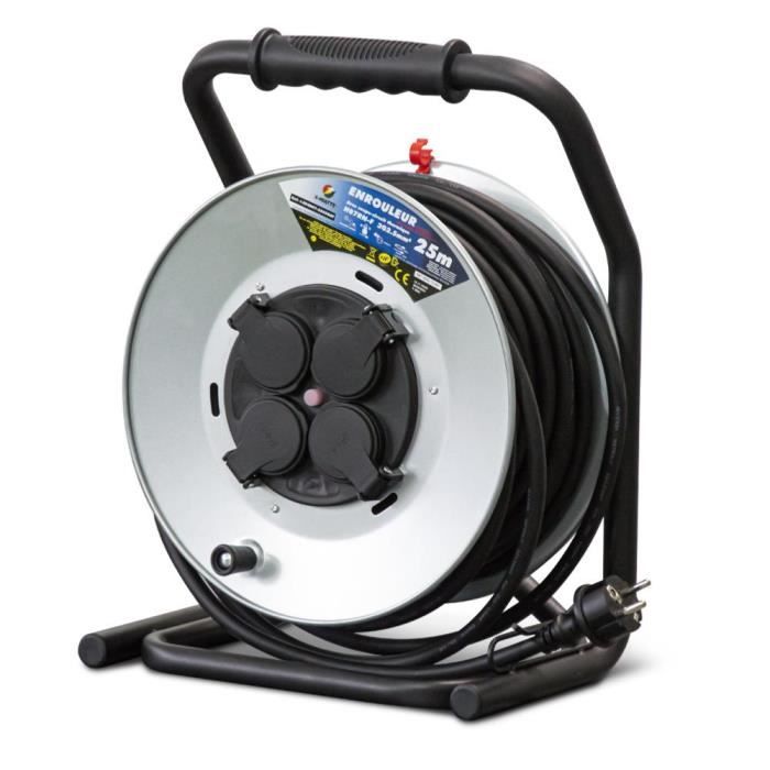 Enrouleur électrique Compact 12 Mètres - Câble 3x1 Mm² Avec 4 Prises 16A Et Terre