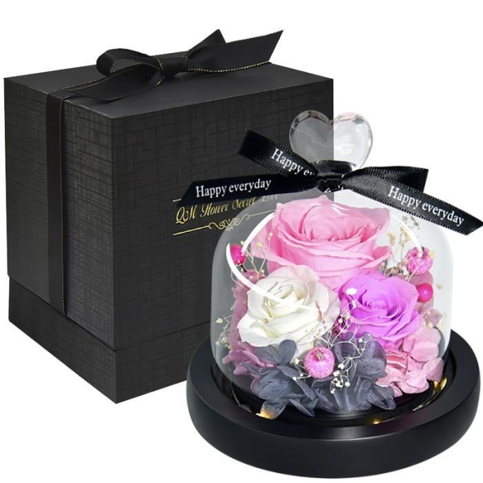 Rose tricolore,Rose Eternelle sous Cloche avec Lumières LED,Coffret + Sac  Cadeau + Carte de Voeux - Cdiscount Maison