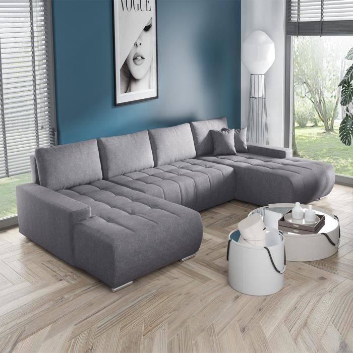 Canapé panoramique convertible avec coffre de rangement en velours gris ...