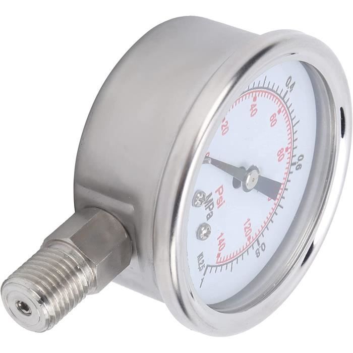 Manomètre Axial Double échelle 0-1 Bar / 0-15 PSI - Cadran 2,5 Pouces Inox - Pour Air, Eau, Carburant - Filetage 1/4" NPT - 9