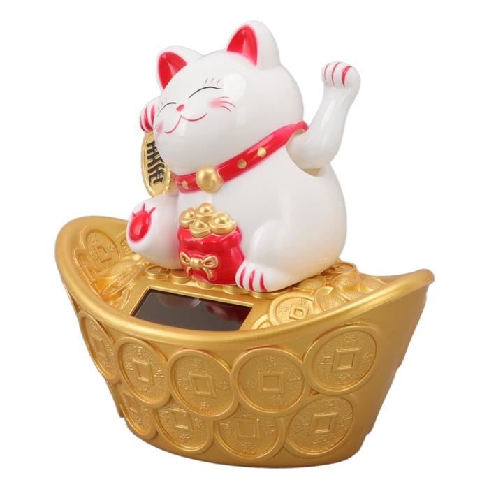Décoration Chat Porte-Bonheur Solaire Feng Shui Blanc Et Rose - Idéale Voiture, Maison, Bureau - Symbole Richesse Et Chance