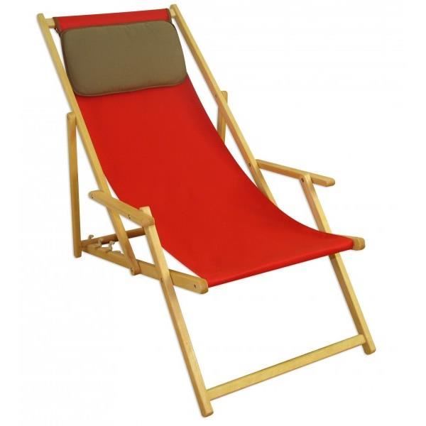 chaise longue de jardin rouge, chilienne, bain de soleil pliant, en bois naturel, oreiller 10-308nkd