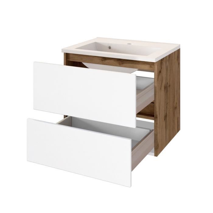 Meuble vasque élégant Luna avec décor en chêne 60 cm de large équipé de 2 tiroirs blancs. Meuble vasque élégant Luna avec décor en chêne 60 cm de large équipé de 2 tiroirs blancs.