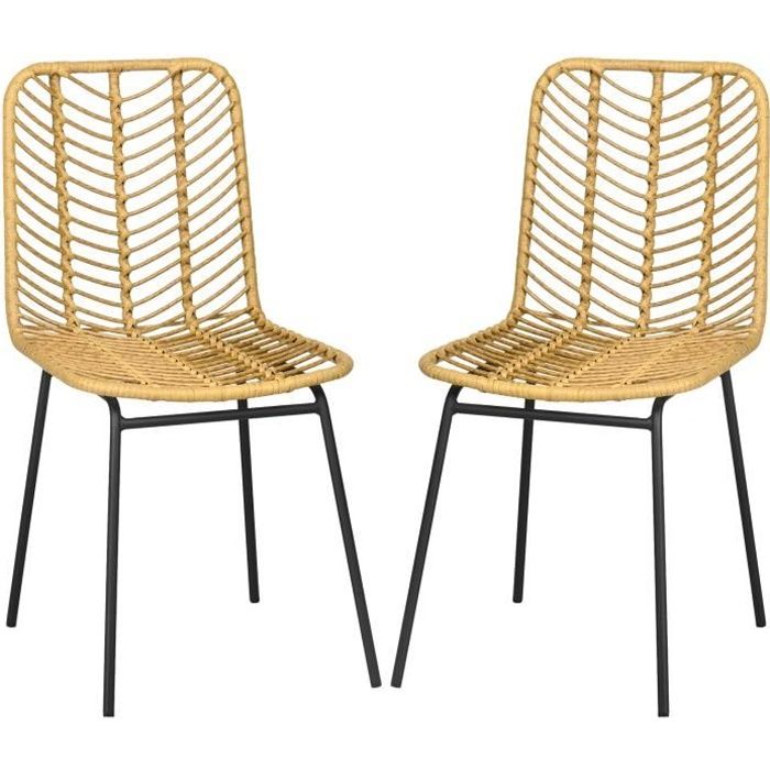 lot de 2 chaises de jardin style colonial piètement acier noir résine tressée aspect rotin 44x58x85cm beige