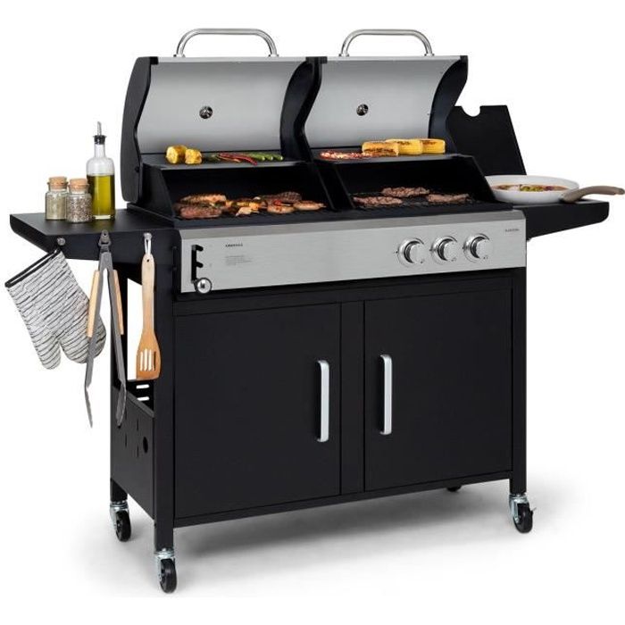 Klarstein Kingsville Combiné barbecue gaz charbon, grille réglable en hauteur brûleurs inox