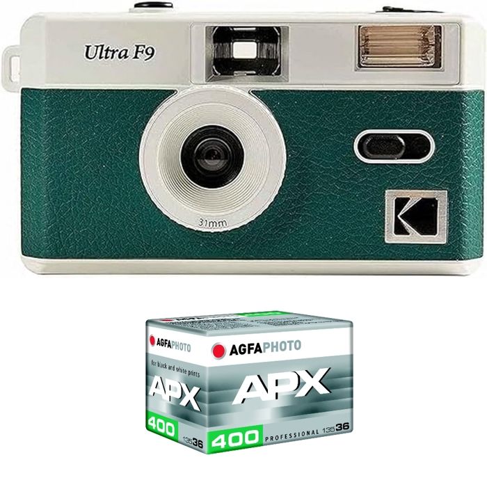 KODAK Pack F9 Argentique + Pellicule APX 400 36 poses - Appareil Photo Kodak Rechargeable 35mm Vert Objectif Grand Angle Fixe