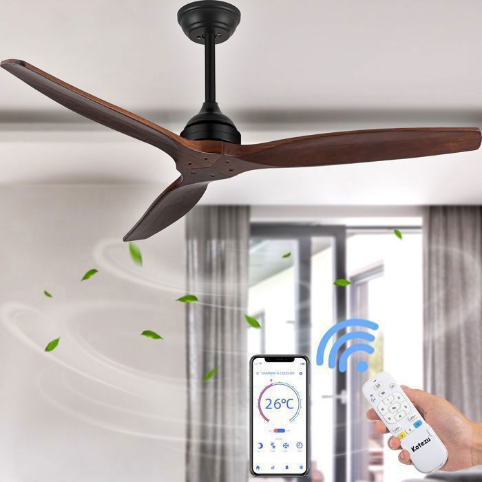 Ventilateur de Plafond Silencieux Réversible avec Télécommande KOTEZU 132 cm Moteur CC avec 3 Pales en Bois Paulownia Naturel 35W - Kotezu