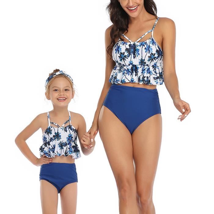 Maillot De Bain 2 Pieces Mere Et Fille Plage Bikini Set A Volants Vintage Maillot De Bain Biniki Taille Haute Bleu Enfant 116 Bleu Cdiscount Pret A Porter
