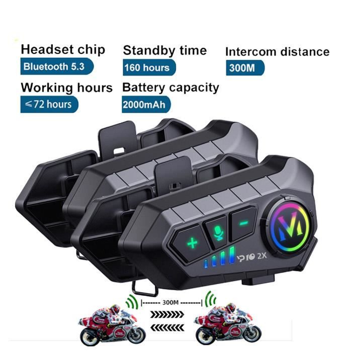 intercom moto Oreillette Bluetooth pour casque de moto appareil de communication sans fil portée 300M 2000Mah avec 2 micros
