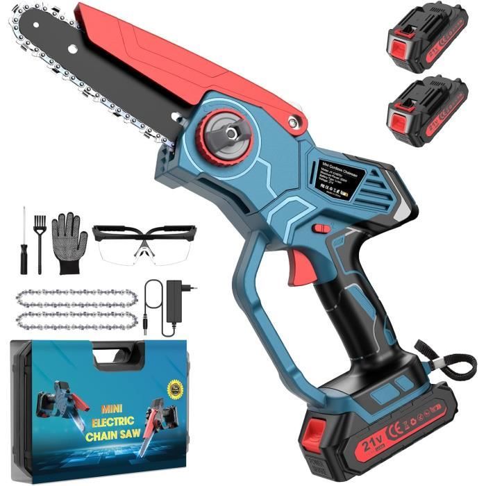 Mini Tronçonneuse à Batterie 6 Pouces 21V - 2 Batteries + 2 Chaînes, Élagage Et Coupe Bois Portable