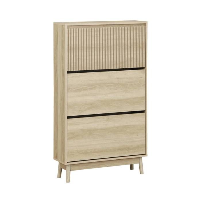 Meuble à chaussures scandinave décor bois clair 3 portes abattantes capacité 18 paires de chaussures Meuble à chaussures scandinave décor bois clair 3 portes abattantes capacité 18 paires de chaussures