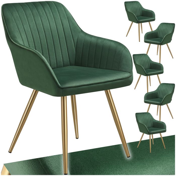 Chaise - TECTAKE - Lot de 6 chaises MARYLIN effet velours capitonné rembourrée et pieds acier doré 58 x 62 x 82 cm - Vert foncé/Or