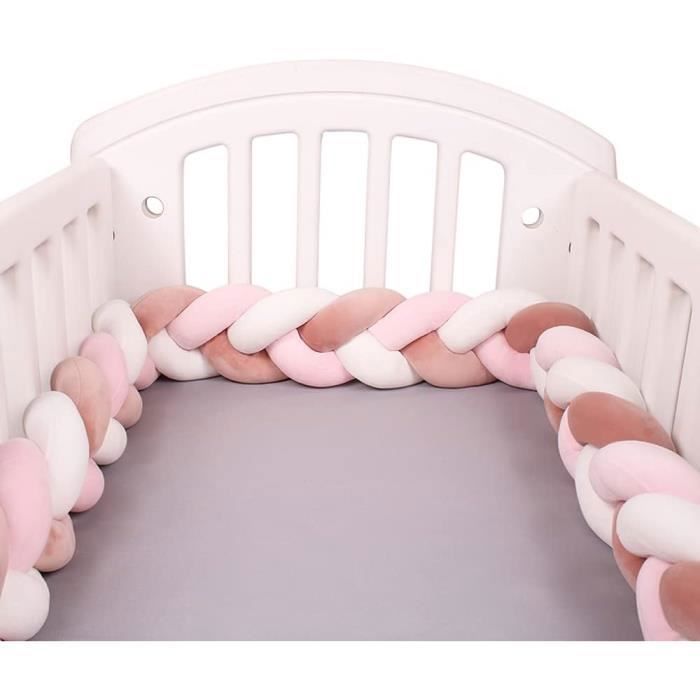 3M Tour de lit coussin Serpent Coussin Tressé pare-chocs Velours Tour de Canapé Souple 100% Fait à Main (rose + rose foncé + blanc)
