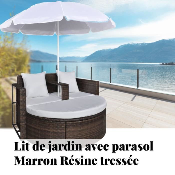 lit de jardin avec parasol marron résine tressée 130 x 58 x 77 cm brun yum-1