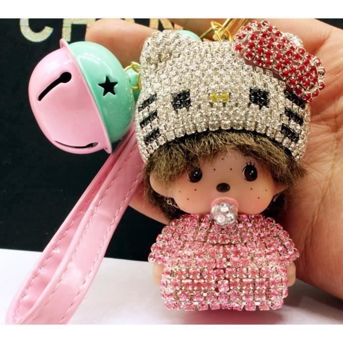 Porte-clés Kiki Monchichi Cloche Ornament Strass Rose XKK jouet