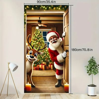 Bannière Décorative Porte Renne Doré - Décoration Noël Hiver, Dimensions 91.4x183 Cm, Polyester - 13
