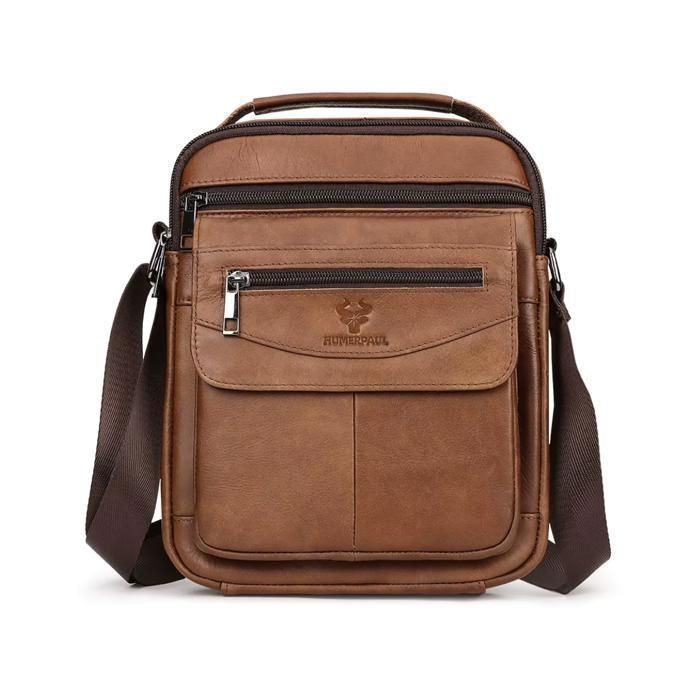 Sac Bandoulière Homme En Cuir Véritable - Brun Café - Sac à Main Pochette Travail - Taille 22x27cm
