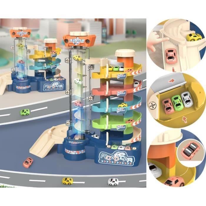 Circuit Voiture Enfant 5M, Piste de Course pour Voiture Double, 1:64 Circuit Flexible Voies avec 6 Voitures, Circuit de Voiture avec Sac de Rangement Ventouse Cadeau pour Garçons Filles (Bleu