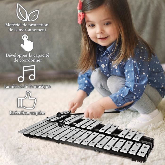 Xylophone Glockenspiel pliable à 30 notes Cadre en bois Barres en aluminium Instrument de musique à percussion avec sac Noir Café