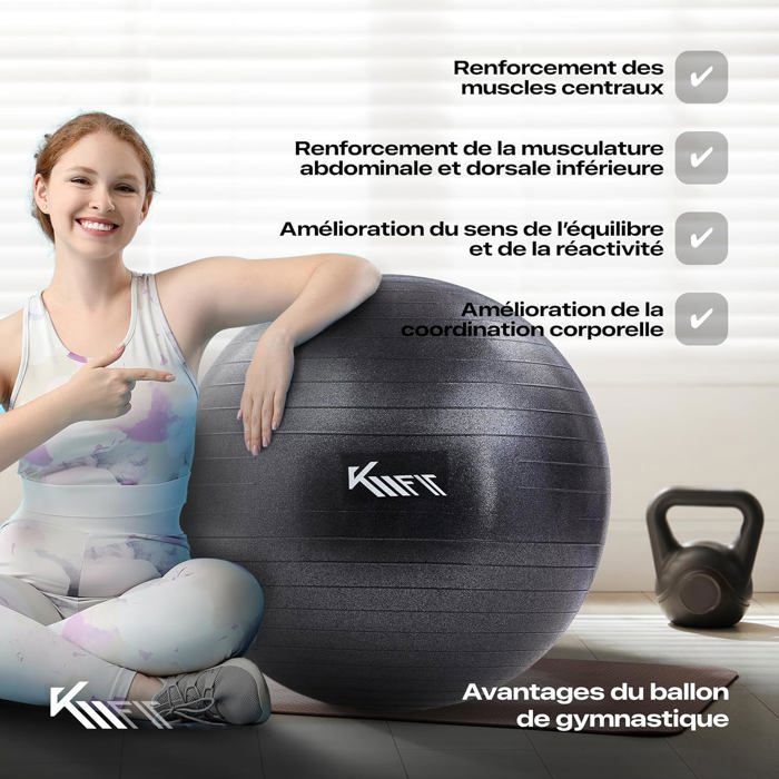 Balle De Gymnastique KM-Fit 65cm | Pompe à Air Incluse | Anti-Burst | Fitness, Yoga, Bleu