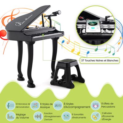 Piano Numérique à 37 Touches avec Tabouret & Microphone Réglable Clavier Electro