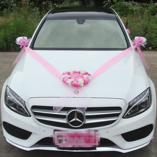 Décoration Voiture Mariage - Lot De 4 Nœuds Roses En Polyester, 40x30 Cm, Avec Sangle Ajustable - Pour Capot, Rétroviseur, Poignée De Porte