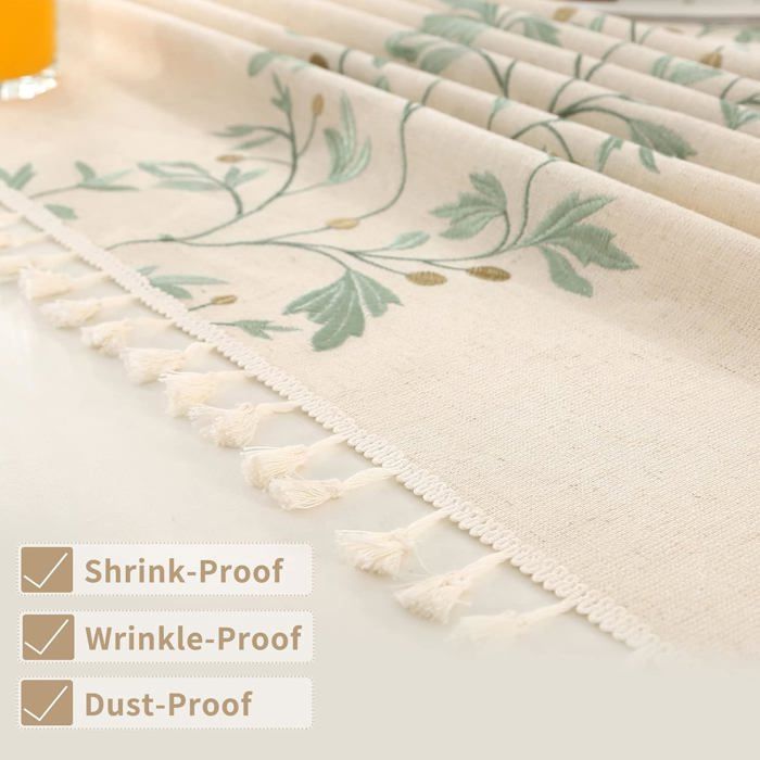 Nappe De Table En Coton/lin Avec Pompons Brodés - Lavable, Anti-poussière, Plusieurs Tailles Et Formes