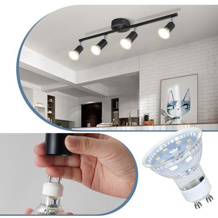 Plafonnier Industriel Spots Et Rails De Spots Noir, Plafonnier 2 Spots Led Orientable Avec Douille Spots De Plafond Rampe Spot Applique 87413356