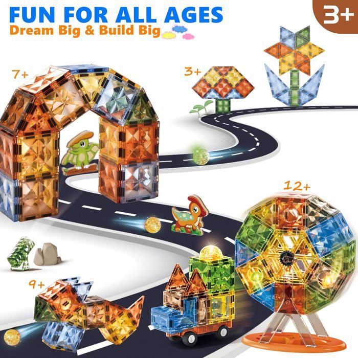Jeu Construction Magnétique 102 Pièces - Blocs Aimantés STEM | Avec Roue Et Voitures | Dès 3 Ans