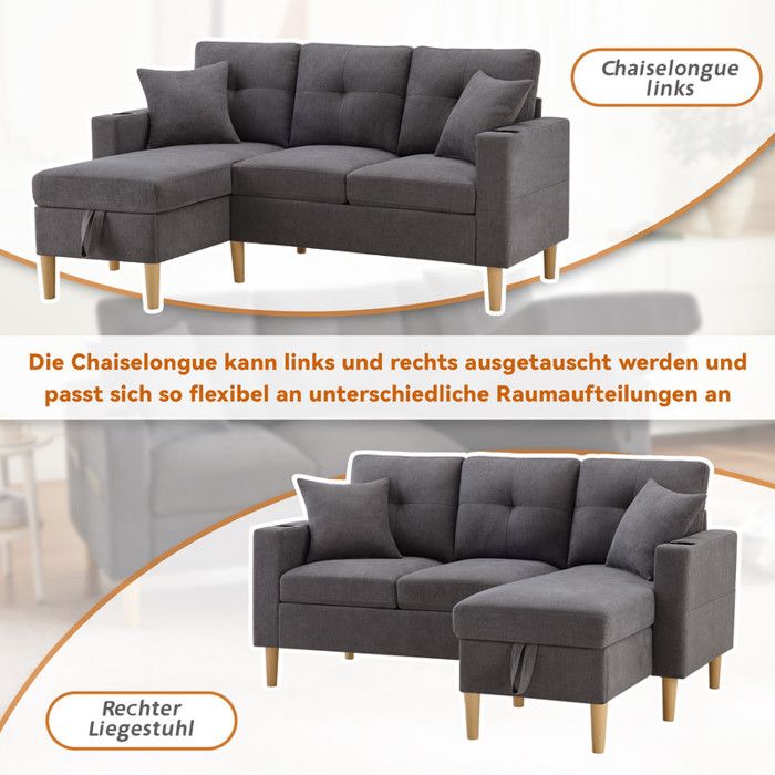 Canapé D'angle Convertible Avec LED Et Pouf Amovible - Tissu Velours Côtelé Gris Antique - Siège Cloud Ultra-confort - 3 Places + Méridienne Modulable