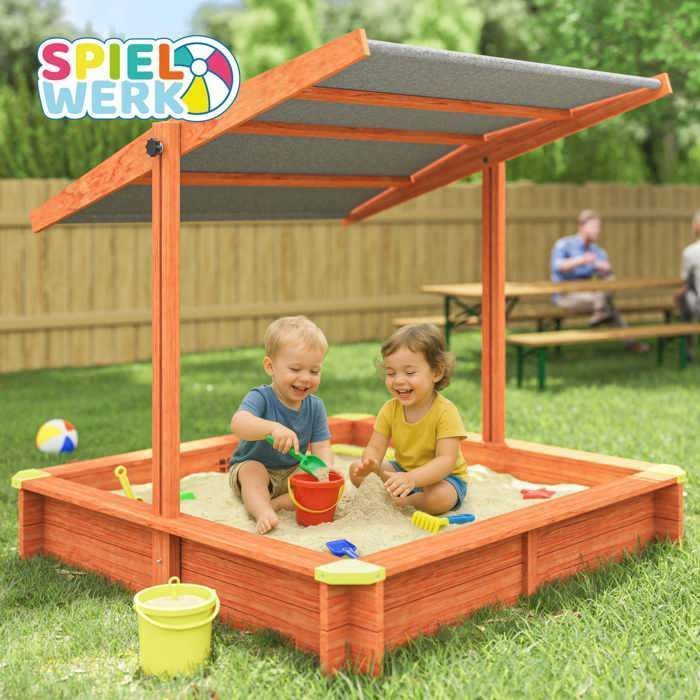 SPIELWERK® Bac à sable en bois MERLE 143x130x130cm aire de jeux cabane protection UV 50+ jeu pour enfants extérieur jardin - Jeux - Jouets