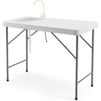 GYMAX Table de Pêche Pliable avec Évier Profond,Carde en Fer,Robinet Rotatif à 360°,115 x 59 x 94 cm, Charge 150 kg, Blanc