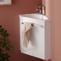 Meuble lave-mains d'angle blanc SKINO - MOB-IN - Vasque en céramique - Robinet chromé - A suspendre