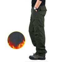 Pantalon Cargo Hiver Homme Multi-poches Doublé Polaire Regular Droit Pantalon de Travail en Coton Couleur Unie - Vert