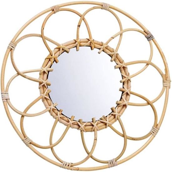 Miroir Mural Rond En Rotin Tissé Main 28cm - Cadre Beige, Miroir 18cm - Décoration Bohème Pour Salon, Chambre, Salle De Bain - 5