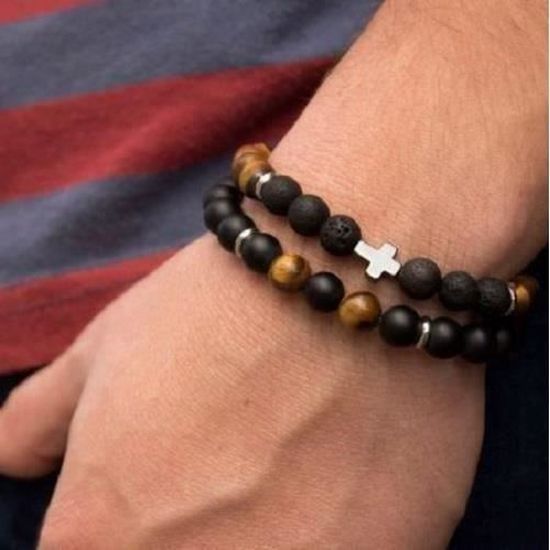 Bracelet en pierre naturelle onyx noir oeil de tigre extensible métal noir homme