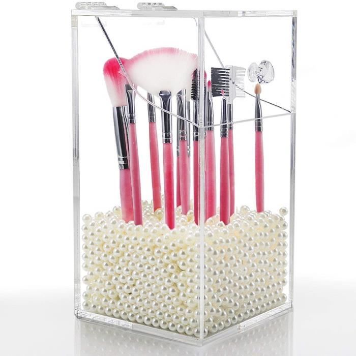 Boîte de Rangement Organisateur Maquillage pour Pinceaux Transparent en Acrylique avec des Perles