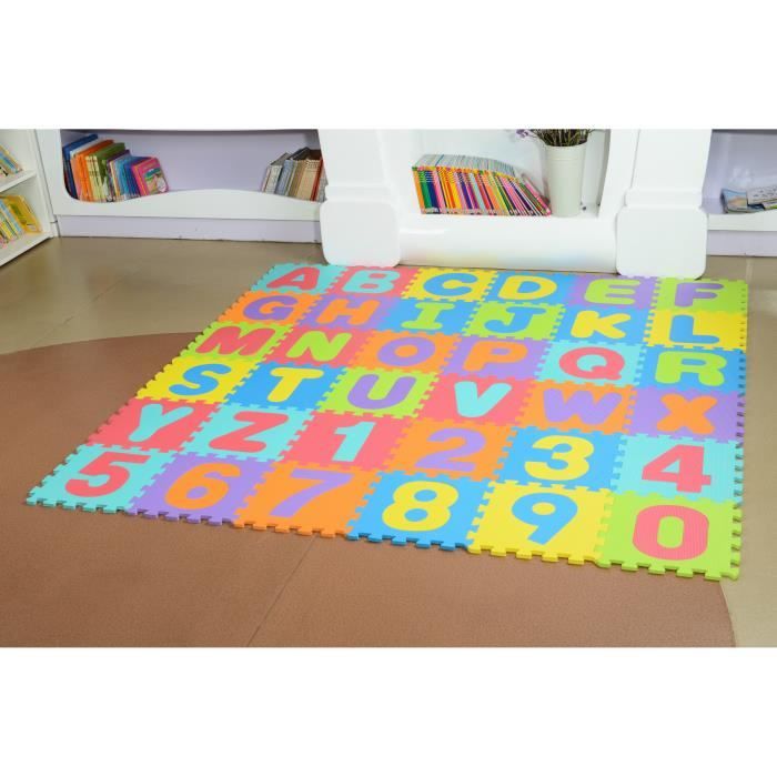 Tapis puzzle bebe en mousse 180cm*180cm*0.9cm Alphabet et chiffres 86 pièces 36 dalle multicolor