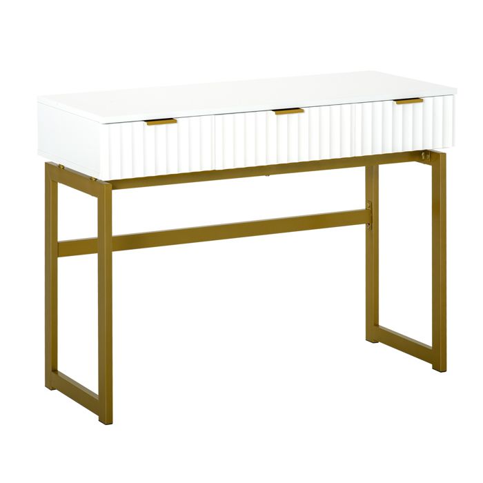 Console table d'appoint style Art déco dim. 100L x 40l x 76H cm 3 tiroirs façades texturées métal doré MDF blanc 100x40x76cm Blanc