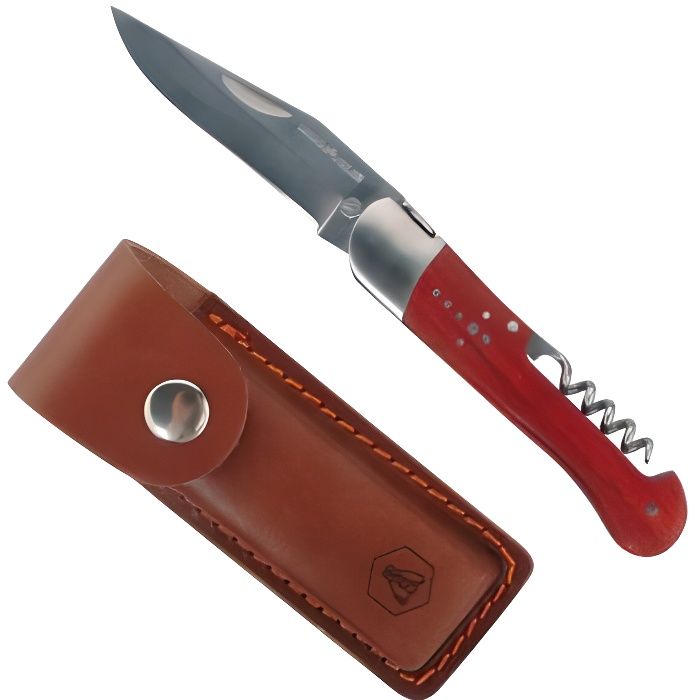 LAGUIOLE - Couteau Pliant Tire-Bouchon Sommelier Bois de Rose Cueillette Champignons Œnologie, Dégustation, Manche Rouge, Etui en