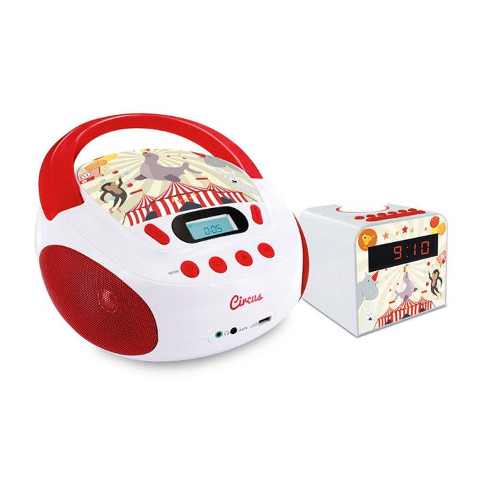 Ensemble Circus radio CD USB et radio-réveilieuse - rouge et blanc