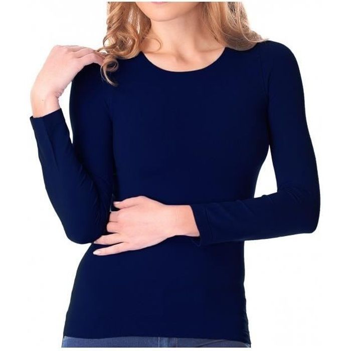 VKA20 Sous-pull Lisa manches longues col rond femme slim fit effet thermique (Bleu - M-L)