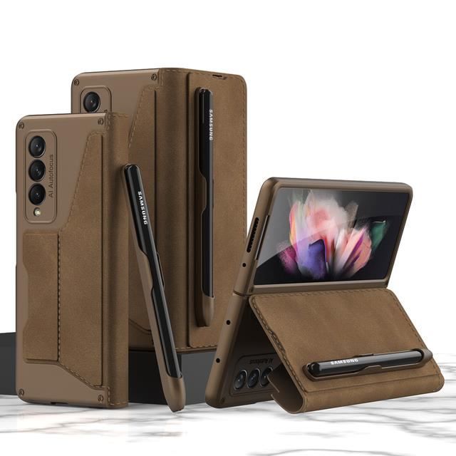 CASE only (NO S pen) Fente pour stylo spen amovible Porte-cartes Velcro Flip Cover Case Samsung Galaxy Z Fold 3 5G Z Fold3 Brun
