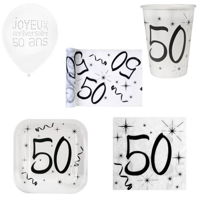 1 Pack fête anniversaire 50 ans de 10 personnes blanc et noir. Matière carton, papier et tissu…